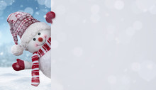 Happy Snowman In The Winter Scenery Behind The Blank Advertising Banner With Copy Space
