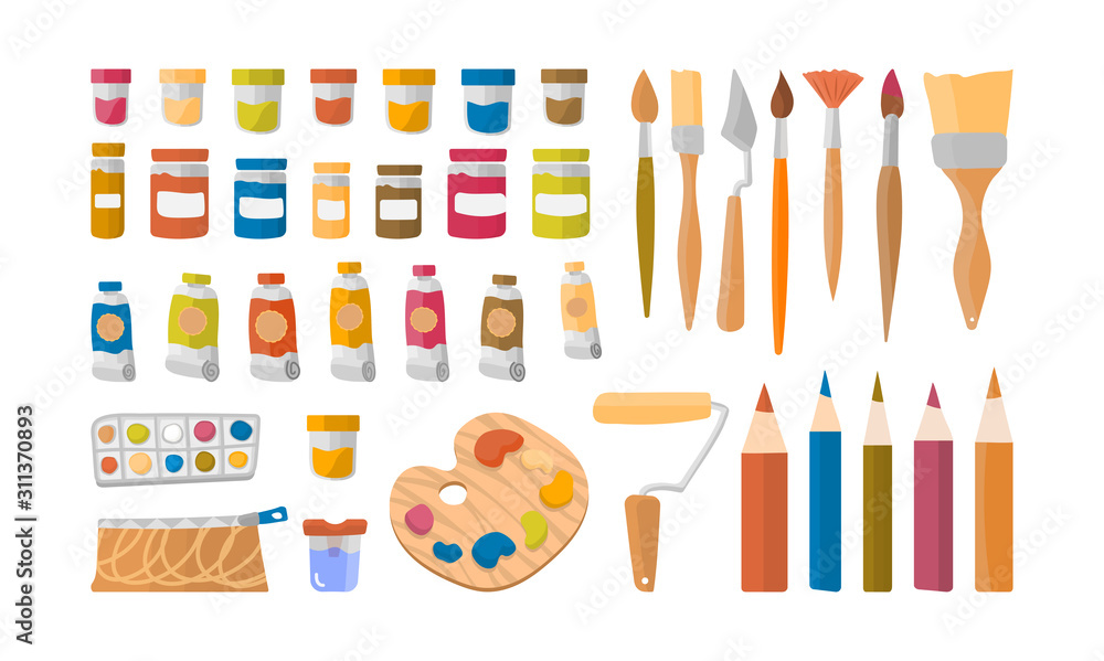Set of flat vector illustration tools for creativity, drawing and ...