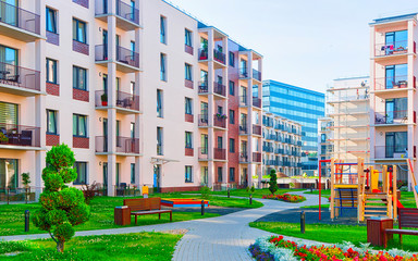 Poster - Modern apartment residential building children playground reflex