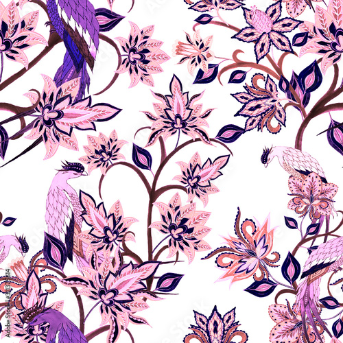 Watercolor seamless pattern with paisley fantasy flowers and birds in ethnic ...