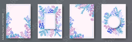 Wild herb twigs, tree branches, leaves floral invitation cards collection. Pl...