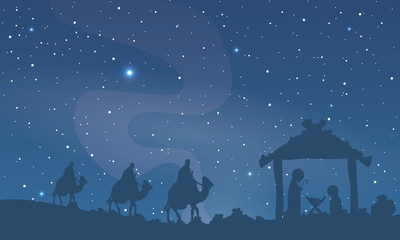 Wall Mural - Jesus mary and joseph against sky, vector art illustration.