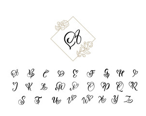 Wall Mural - Handwritten heart calligraphy monogram alphabet. Valentine Cursive font with flourishes heart font. Cute Isolated letters. For postcard or poster decorative graphic design