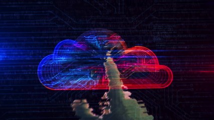 Wall Mural - Cyber cloud symbol futuristic 3D rendering animation. Hand finger touch the screen to entry into cyberspace. Data storage, database, computing, servers, archive and documents safety abstract concept.