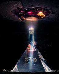 Wall Mural - abstract sci-fi collage - flying sucer flying over a pyramid and connecting with a energy ray. eleme