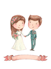 Bride And Groom With Flowers And Ribbon, Watercolor Illustration Wedding
