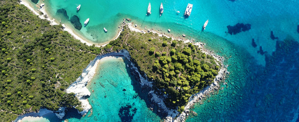 Aerial drone ultra wide panoramic photo of tropical exotic seascape in Mediterranean Greek Ionian island of Paxos with turquoise sea