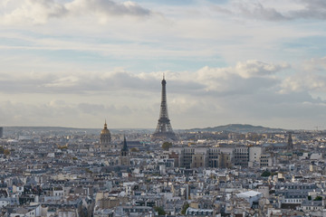  Paris, Eiffel Tower, France. Cityscape. Panoramic view from the top of the Notre Dame cathedral.  Overcast weather.