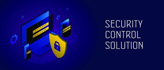 Security Control Solution concept. Digital access control system, security management concept. Isometric laptop, tablet pc and smartphone with login, password fields and huge padlock shield icon.