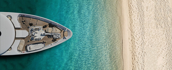 Wall Mural - Aerial drone top view ultra wide photo of luxury yacht docked near exotic sandy turquoise beach