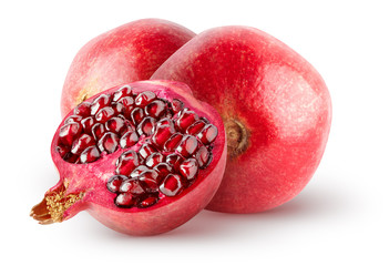 Canvas Print - Isolated pomegranates. Two whole and half of pomegranate fruits isolated on white background with clipping path