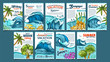 Wave, Palm Trees And Seaweeds Banner Set Vector. Collection Creative Advertising Poster With Green Leaves Plants, Seaweeds And Marine Tides. Summer Vacation Holidays Colorful Template Illustrations