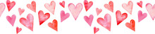 Seamless Watercolor Header With Pink And Red Hearts On White Background. Valentine's Day Border.