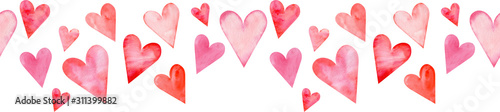 Fotografía Seamless watercolor header with pink and red hearts on white background