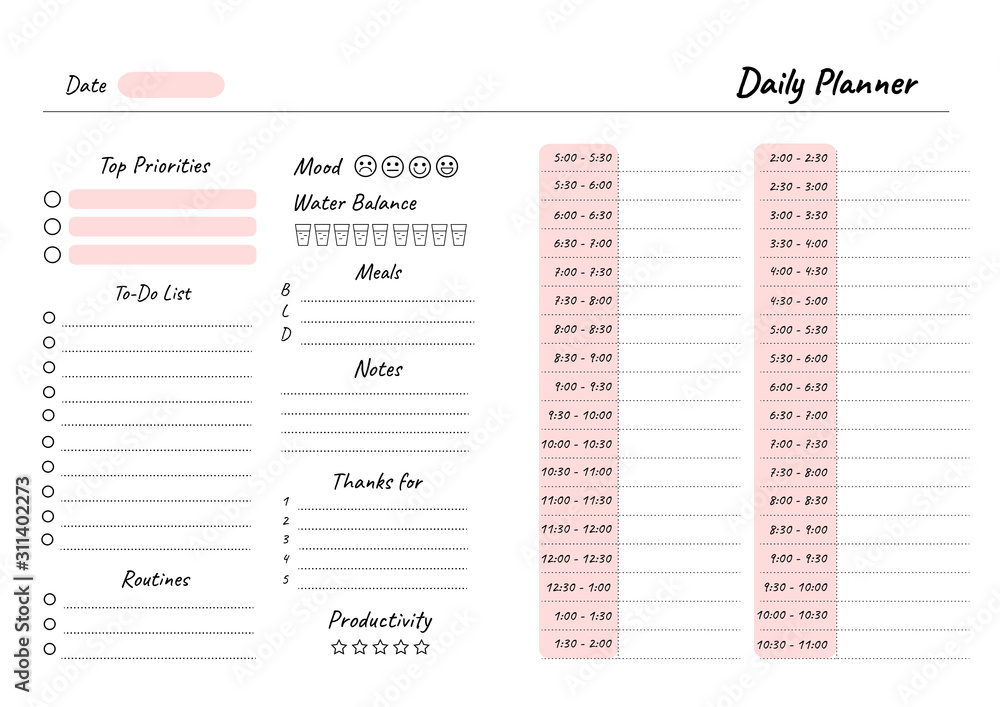 Daily planner printable template Vector. Blank white notebook page A4 - obrazy, fototapety, plakaty 