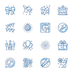 Poster - Party linear icons set. Entertainment and recreation contour symbols isolated pack. Karaoke, disco, banquet pictograms. Holiday present, social event thin line illustrations collection