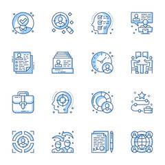 Aufkleber - Recruitment, job interview linear icons set. Workforce, human resource, employment service contour symbols isolated pack. Candidate CV, HR management thin line illustrations collection