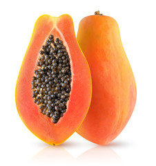 Poster - Isolated papaya. Two halves of papaya fruit in vertical composition isolated on white background with clipping path