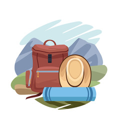 Poster - backpack with sleeping bag and hat over landscape and white background, colorful design