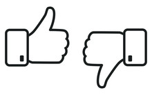 Thumb Up And Down Outline Icon Isolated On White Background. Like And Dislike Social Network Pictograms Isolated On White Background. Outline Positive And Negative Buttons For A Website Or Mobile App.