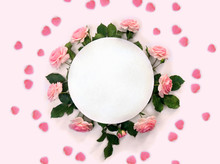 Beautiful Flowers Pink Roses And Pink Hearts With White Circle Paper Card Note With Space For Text On Pink Background. Top View, Flat Lay. Creative Decoration