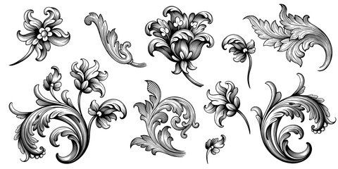 Flower vintage Baroque scroll Victorian frame border floral ornament leaf engraved retro pattern rose peony decorative design tattoo black and white filigree calligraphic vector