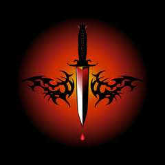 Canvas Print - Vector image of a magic dagger with a pattern. Dagger with a drop of blood.