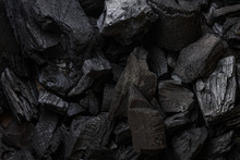 Black Coal Background. Charcoal Woody Black.  Lot Of Wood