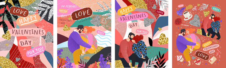 Wall Mural - Happy Valentine's Day! Vector cute illustrations of a couple in love for background, card or poster. Abstract trendy modern print for the holiday.