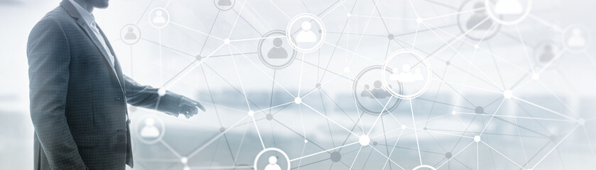Wall Mural - background conceptual image with social connection lines on panoramic fone.