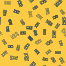 Blue Line VHS Video Cassette Tape Icon Isolated Seamless Pattern On Yellow Background. Vector Illustration