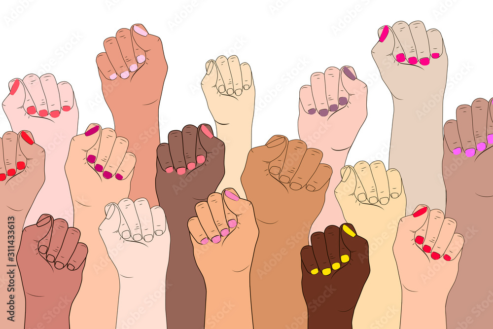 Female hands on a white background. A symbol of the feminist movement, struggle and resistance. Vector illustration concept of International women feminism. Female fingers with manicure isolated. - obrazy, fototapety, plakaty 