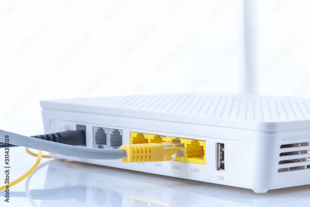 Wireless router connected to network on white background - obrazy, fototapety, plakaty 