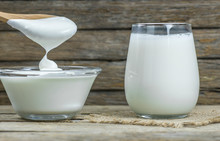 Glass Cup Of Turkish Traditional Drink Ayran , Kefir Or Buttermilk Made From Yogurt, Homemade Yoghurt In Glass Bowl On Rustic Table, Healthy Food
