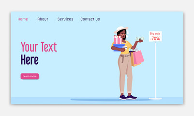 Sticker - Shopaholism landing page vector template. Big sale website interface idea with flat illustrations. Addiction to shopping homepage layout. Oniomania web banner, webpage cartoon concept