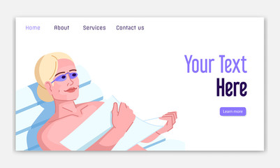 Sticker - Tanning addiction landing page vector template. Sunbathing danger website interface idea with flat illustrations. Behavioral addiction homepage layout. Web banner, webpage cartoon concept