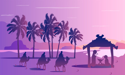 Wall Mural - Three kings jesus mary joseph and palm trees, vector art illustration.