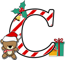 Capital Letter C With Cute Teddy Bear And Christmas Design Elements Isolated On White Background. Can Be Used For Holiday Season Card, Nursery Decoration Or Christmas Party Invitation