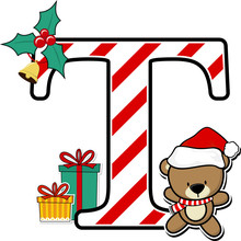 Capital Letter T With Cute Teddy Bear And Christmas Design Elements Isolated On White Background. Can Be Used For Holiday Season Card, Nursery Decoration Or Christmas Party Invitation