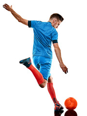 Wall Mural - one caucasian youg soccer player man standing in studio isolated on white background