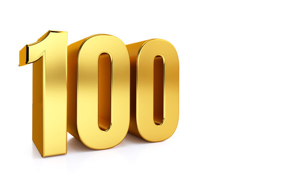 one hundred, 3d illustration golden number 100 on white background and copy space on right hand side