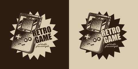 Original monochrome vector emblem in retro style. Portable game console.