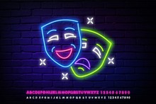 Theatrical Performance Neon Sign. Glowing Inscription With Masks On Brick Wall Background. Vector Illustration Can Be Used For Festival, Drama, Performance