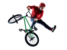 One Young Caucasian Man BMX Rider Cyclist Cycling Freestyle Acrobatic Stunt In Studio Isolated On White Background