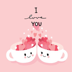 Wall Mural - Cartoon cute Valentines day two cup coffee lover vector.