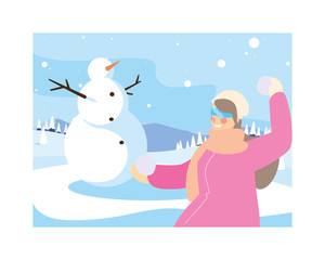 Sticker - woman with snowman in winter landscape