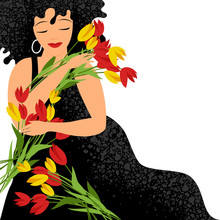 Woman With Flowers. Vector Image Of A Woman With A Bouquet Of Tulips. Holiday 8 March
