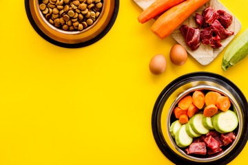 Wall Mural - Pet feed ingredients. Raw meat and fresh vegetables near bowl with dry feed on yellow background top-down copy space