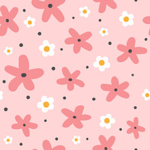 Cute Seamless Pattern With Flowers And Round Spots. Funny Floral Print. Girly Vector Illustration.