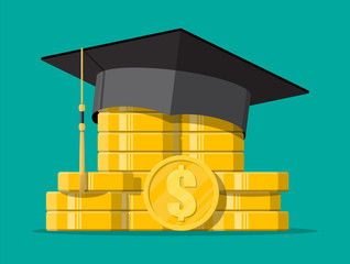 Wall Mural - Graduation cap and gold coin. Education savings and investment concept. Academic and school knowledge. Vector illustration in flat style